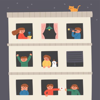 Komşular dairenin pencerelerinden bakıyorlar. Sevimli el yazısı tarzı. düz tasarım tarzı minimal vektör illüstrasyon.