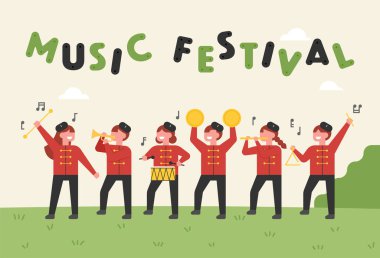 Sevimli bir çocuk enstrüman grubu müzik aletleri çalıyor. düz tasarım tarzı minimal vektör illüstrasyon.