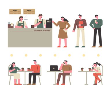 kafede sipariş müşteri karakterleri. Barista karakteri. Kahve dükkanı manzarası. kahve düz tasarım tarzı minimal vektör illüstrasyon.