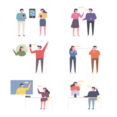 iletişim düz tasarım tarzı minimal vektör illüstrasyon çeşitli araçlarla birbirleriyle iletişim insanlar.