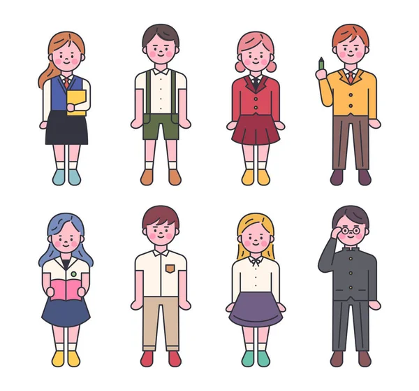 Personagens Uniforme Escolar Bonitos Design Plano Estilo Mínimo Vetor Ilustração —  Vetores de Stock