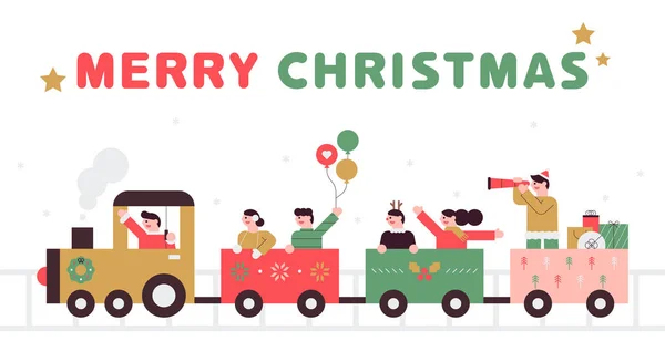 People Christmas Train Having Fun Flat Design Style Minimal Vector — Stock Vector