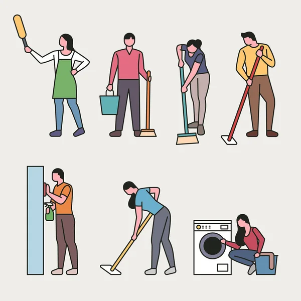 Νθρωποι Που Κάνουν Καθαρισμό Σπιτιού Επίπεδη Σχεδίαση Στυλ Ελάχιστη Απεικόνιση — Διανυσματικό Αρχείο