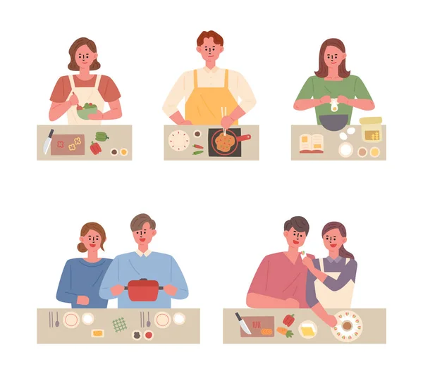 Люди Які Готують Різні Речі Кухні Стиль Плоского Дизайну Мінімальна — стоковий вектор