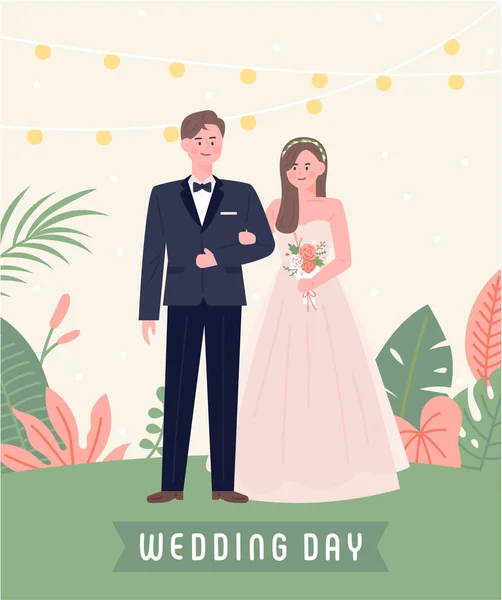 Düğün Davetiyesi Illüstrasyon Sevimli Damat Gelin Karakteri Düz Tasarım Tarzı — Stok Vektör