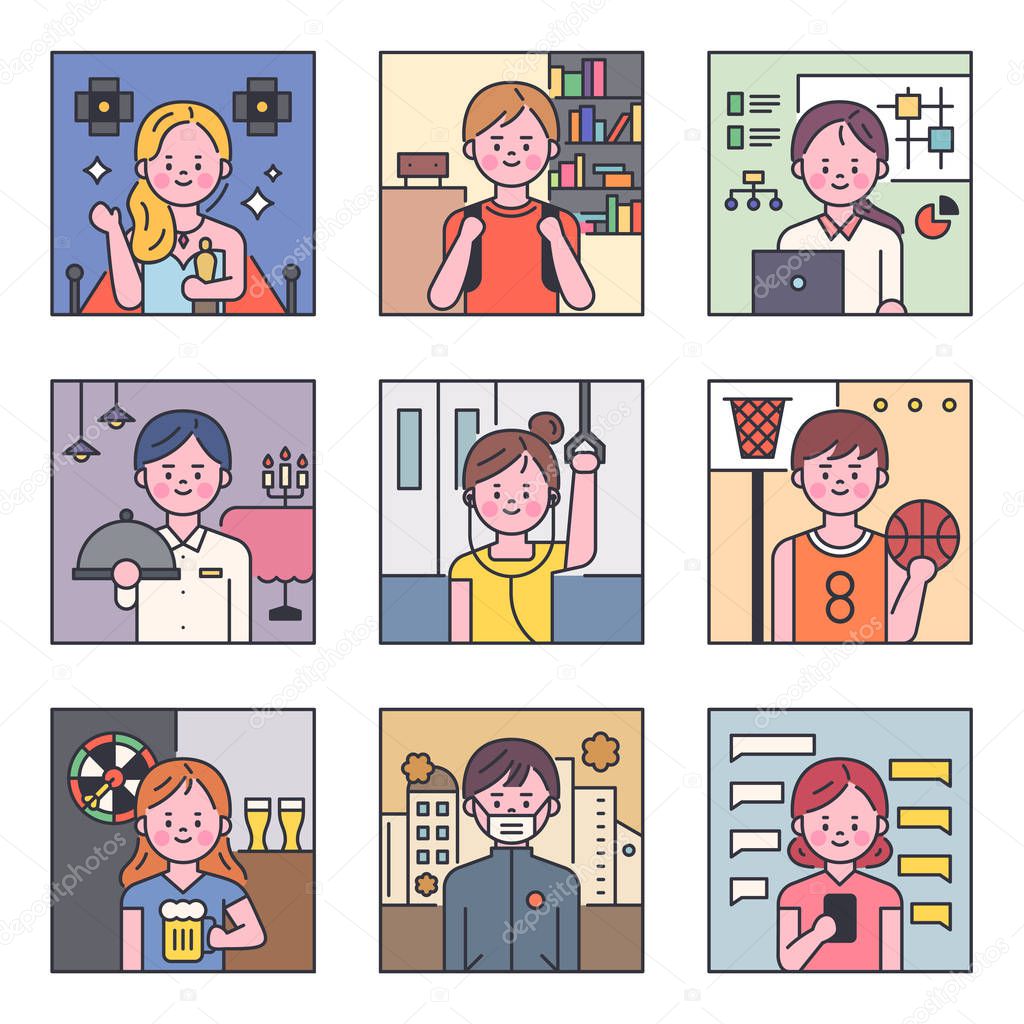 Characters of various occupations. Background in square section. flat design style minimal vector illustration.
