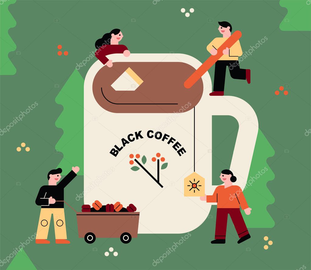 People making coffee in huge mugs. Coffee Postcard Concept.  