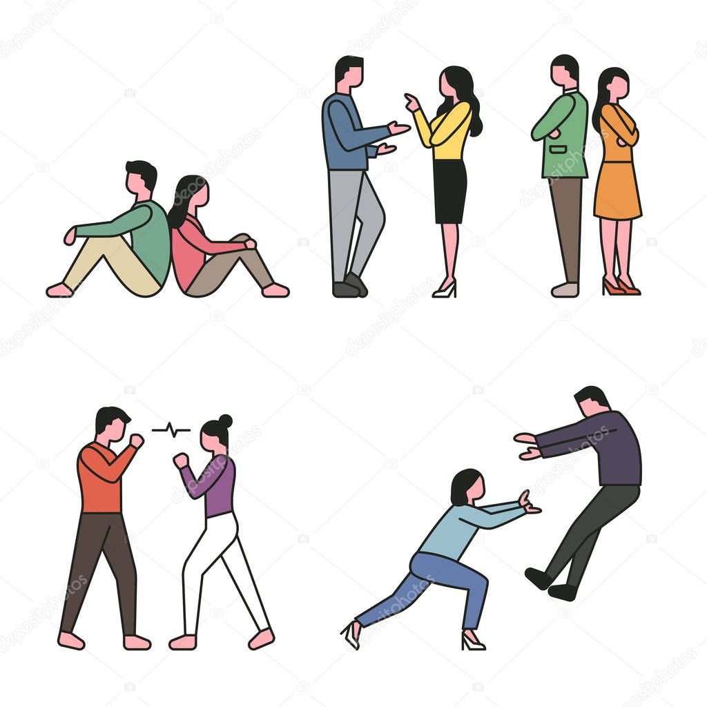 Fighting couple pose character set in outline style. flat design style minimal vector illustration.