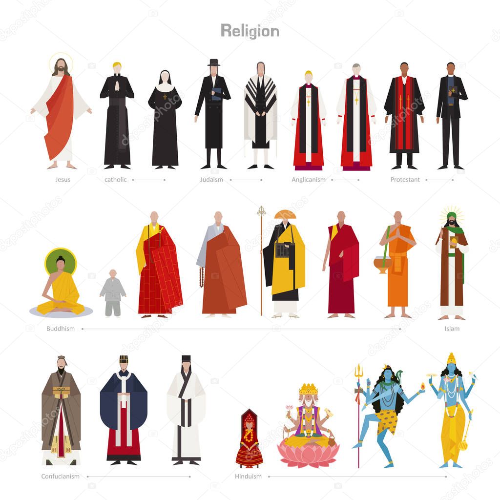 Gods and priests of various religions. flat design style minimal vector illustration.