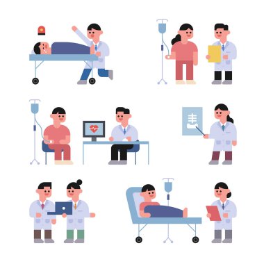 Küçük sevimli doktor karakteri. Hastanede çalışan doktorların çeşitli görevleri. düz tasarım tarzı minimal vektör illüstrasyon.