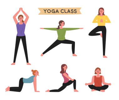 Yoga sınıfında poz veren kadın karakter seti. düz tasarım tarzı minimal vektör illüstrasyon.