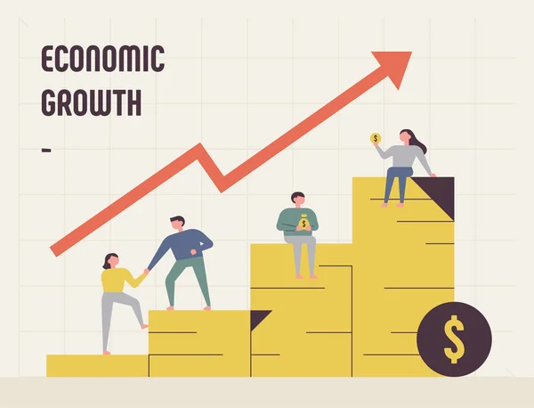 Плакат Показує Економічне Зростання Графік Монет Люди Піднімаються Стиль Плоского — стоковий вектор