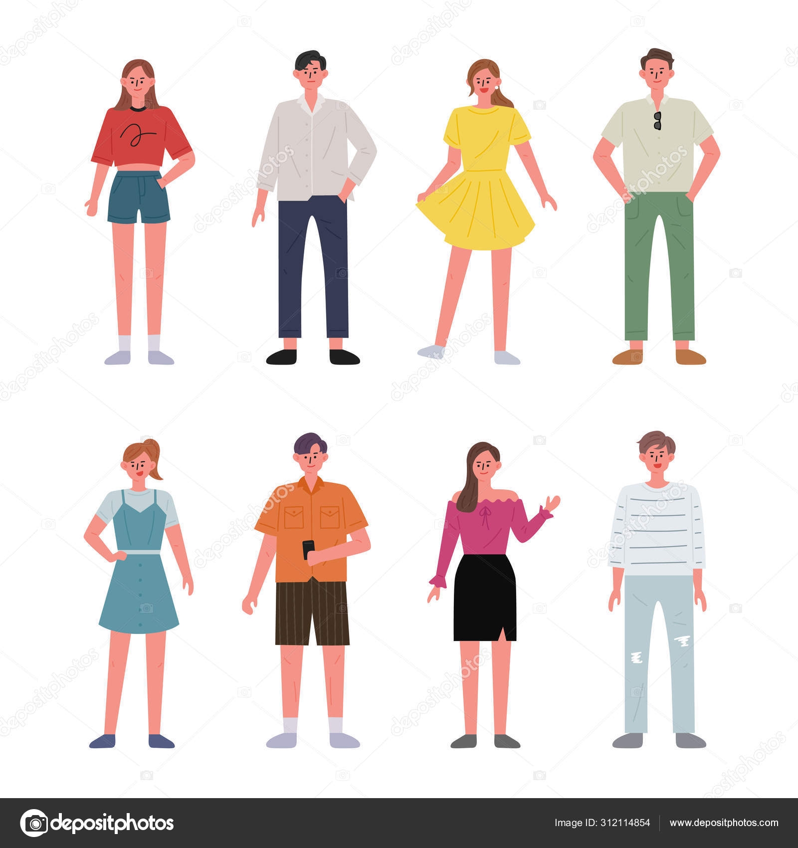 Set Men Women Characters Wearing Summer Clothes Flat Design Style