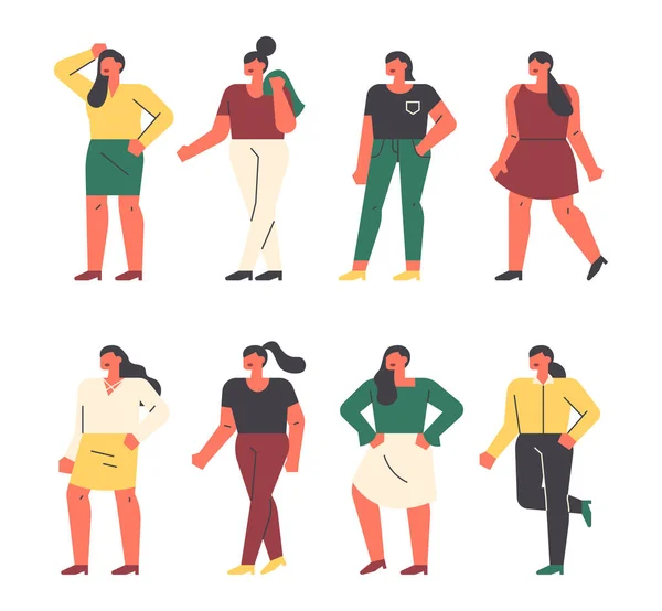 Además Tamaño Agradable Personajes Femeninos Diseño Plano Estilo Mínima Ilustración — Archivo Imágenes Vectoriales