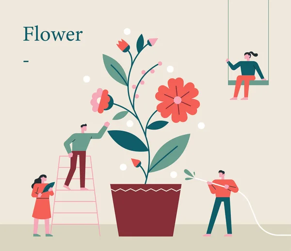 Orang Kecil Tumbuh Bunga Raksasa Bersama Sama Gaya Desain Datar - Stok Vektor