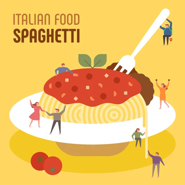 Piccoli Stanno Mangiando Enormi Spaghetti Italiani Disegno Piatto Stile Minimale — Vettoriale Stock