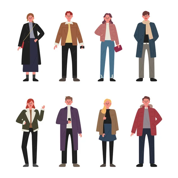 Set of men and women characters wearing autumn clothes. flat design style minimal vector illustration. — Stock Illustration Set Men Women Characters Wearing Autumn Clothes Flat Design Style Vector Graphics
