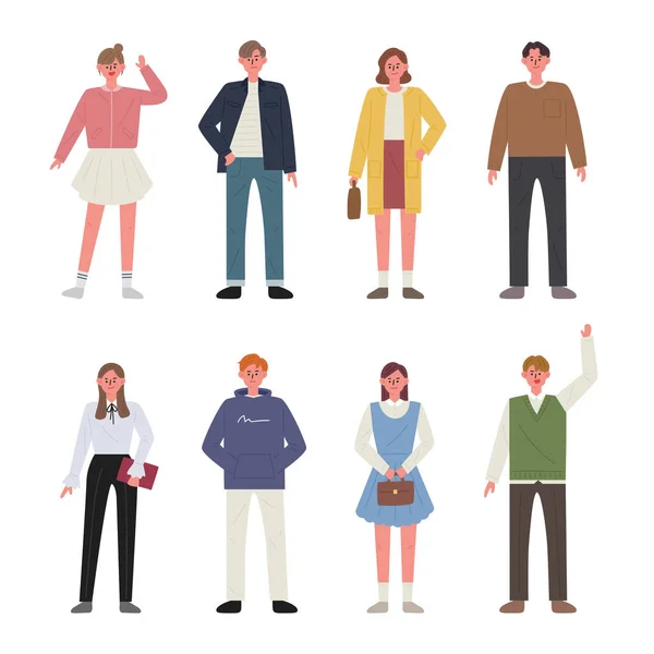 Set of men and women characters wearing spring clothes. flat design style minimal vector illustration. — Stock Illustration Set Men Women Characters Wearing Spring Clothes Flat Design Style Stock Vector