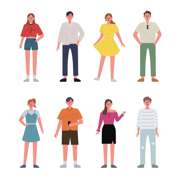 Set of men and women characters wearing summer clothes. flat design style minimal vector illustration. — Stock Illustration Set Men Women Characters Wearing Summer Clothes Flat Design Style Vector Graphics