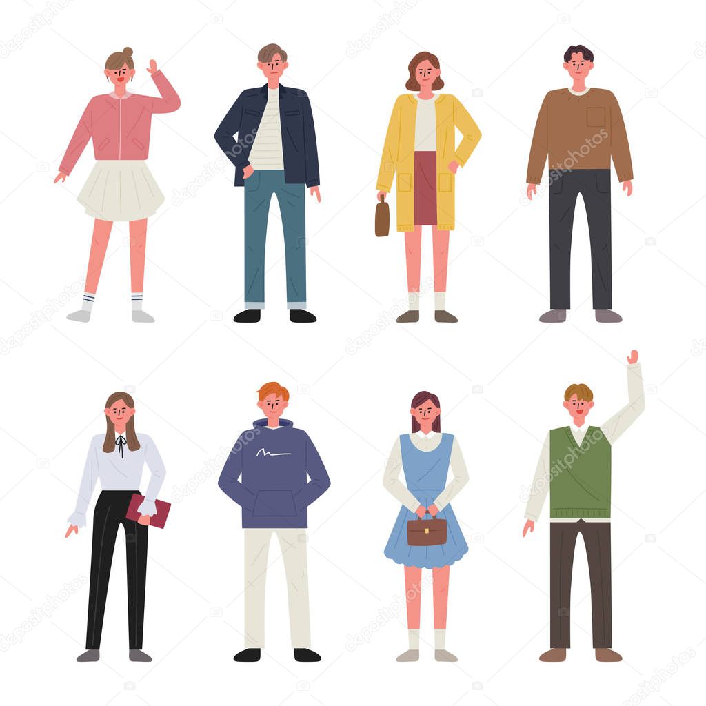 Set of men and women characters wearing spring clothes. flat design style minimal vector illustration.