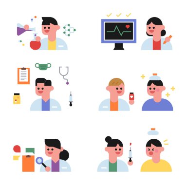 Sevimli doktor ve hasta karakteri. düz tasarım biçimi asgari vektör çizimi.