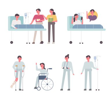 Hastanedeki çeşitli hastalar. düz tasarım biçimi asgari vektör çizimi.
