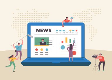 Devasa dizüstü bilgisayar ekranında internet haber sayfası ve etrafta küçük insanlar var. düz tasarım biçimi asgari vektör çizimi.