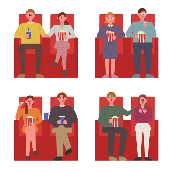 Tiyatroda Kırmızı Koltuklarda Oturan Çiftler Film Izliyor Düz Tasarım Biçimi — Stok Vektör