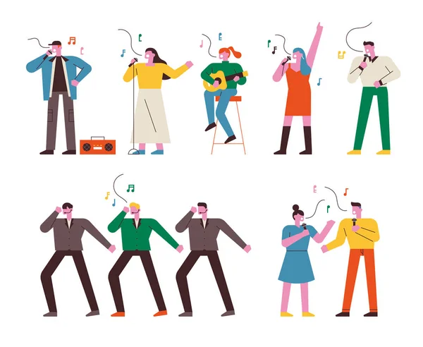 人们唱歌 跳舞和弹奏乐器 歌曲比赛 平面设计风格最小矢量插图 — 图库矢量图片