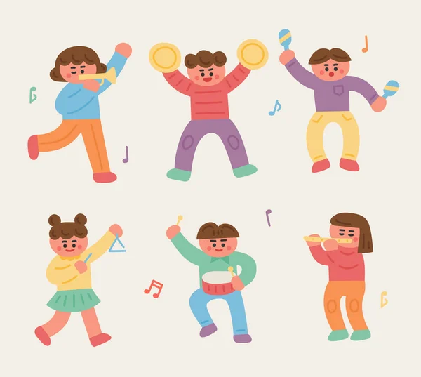 Los Niños Lindos Juegan Varios Instrumentos Diseño Plano Estilo Mínima — Vector de stock