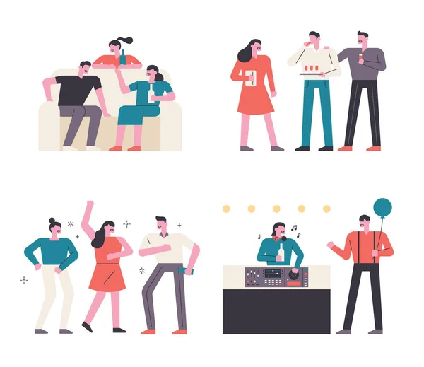 Party Character Set People Talking Dancing Djing Eating Cakes — Wektor stockowy