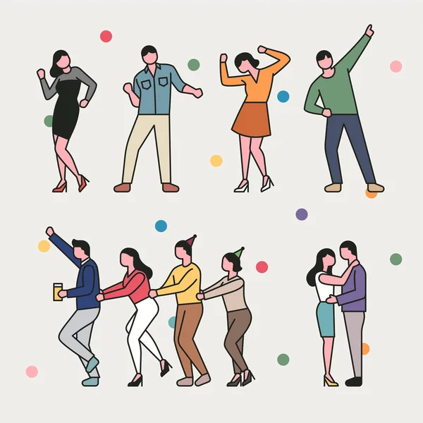 Set People Characters Dancing Party Simple Character Design Outline Style — Wektor stockowy