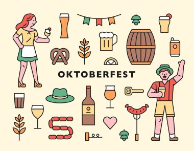 Oktoberfest karakterleri ve ikonlar. düz tasarım biçimi asgari vektör çizimi.