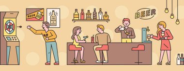 Barın içinde. Misafirler içip sohbet ediyor ya da dart oynuyor. Barmen kokteyl hazırlıyor. düz tasarım biçimi asgari vektör çizimi.