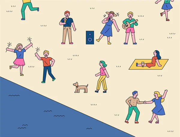 Люди Счастливо Играют Летнем Пляже Плоский Дизайн Минимальная Векторная Иллюстрация — стоковый вектор