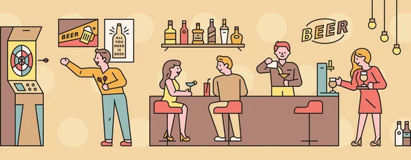Barın Içinde Misafirler Içip Sohbet Ediyor Dart Oynuyor Barmen Kokteyl — Stok Vektör