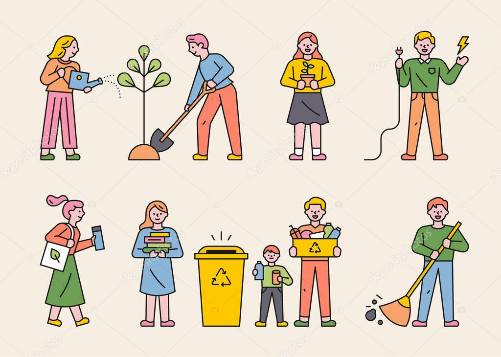 People who protect the environment in various ways. flat design style minimal vector illustration.