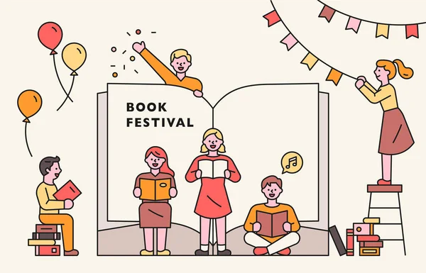 Bokfestivalaffisch Folk Läser Böcker Framför Stora Böcker Och Del Dekorerar — Stock vektor