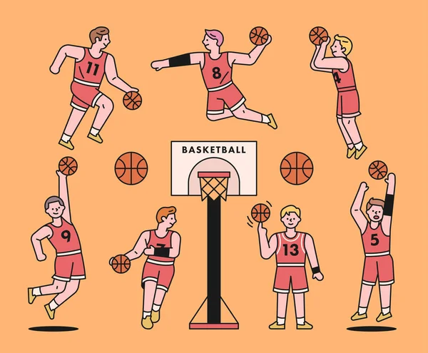 Різні Позиції Баскетболістів Стиль Плоского Дизайну Мінімальна Векторна Ілюстрація — стоковий вектор