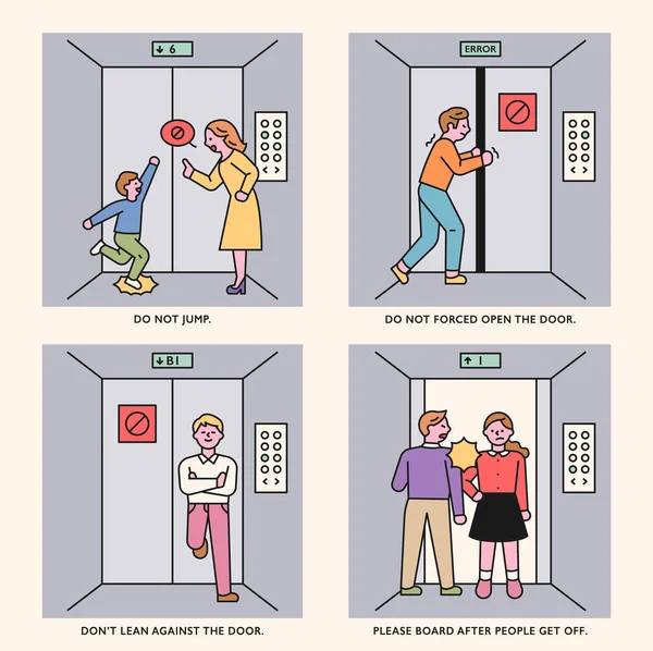 在电梯里表现粗鲁的人 平面设计风格最小矢量插图 — 图库矢量图片