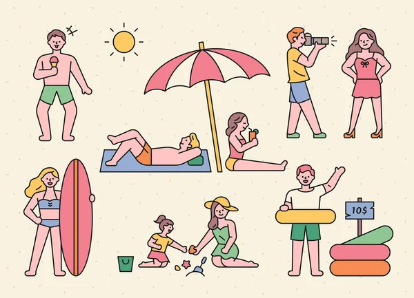 Urlauber Genießen Ihren Urlaub Sommerstrand Flaches Design Minimale Vektorillustration — Stockvektor