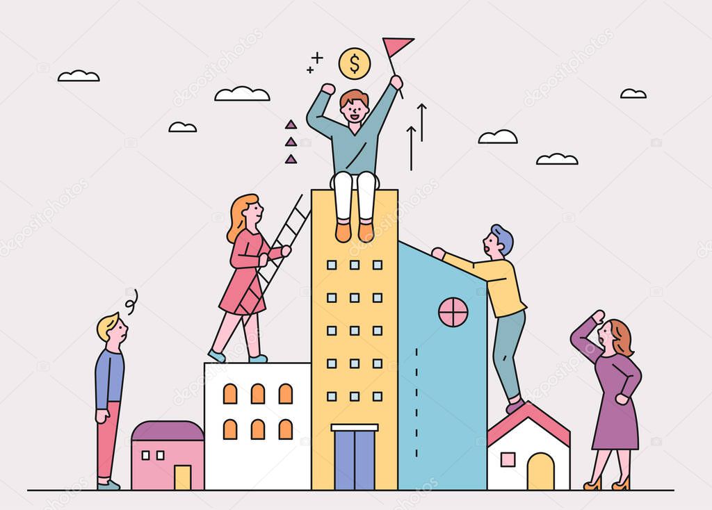 People are trying to climb onto a taller building. flat design style minimal vector illustration.