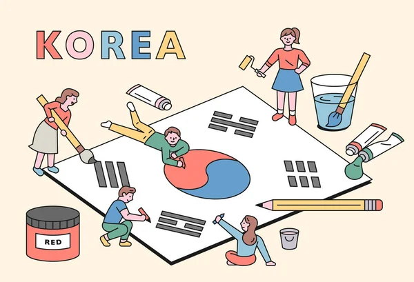Mensen Maken Samen Een Enorme Koreaanse Vlag Plat Ontwerp Stijl — Stockvector