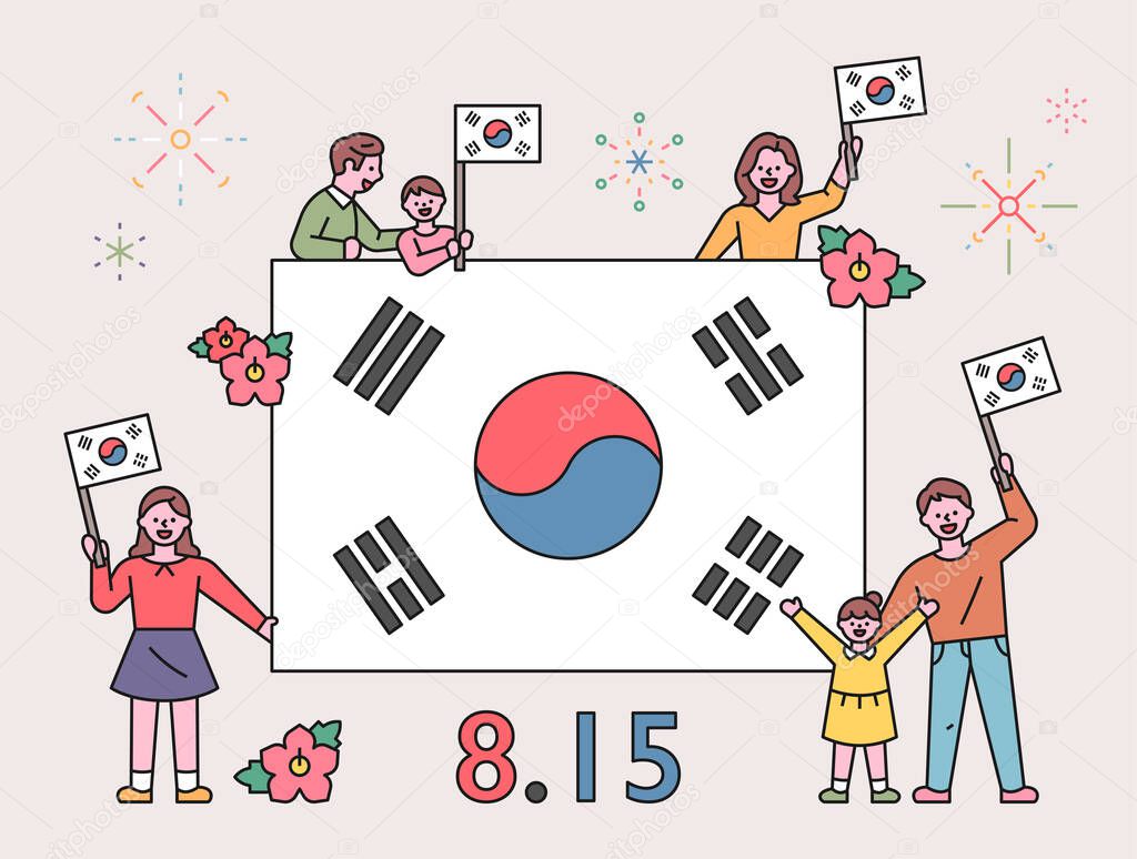 Korean people are waving their hands around a large Korean flag. flat design style minimal vector illustration.