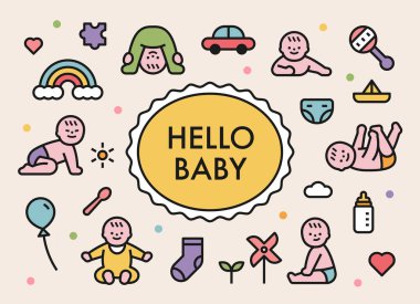 Sevimli bebek karakterleri ve bebek malzemeleri ikonları çeşitli pozlarda. düz tasarım biçimi asgari vektör çizimi.