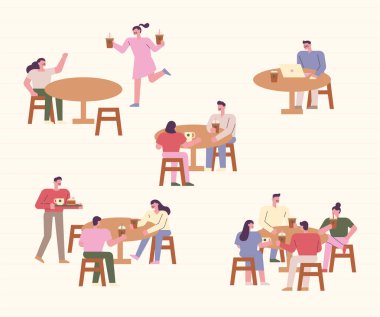 Kafe masalarında oturan çeşitli konuklar..