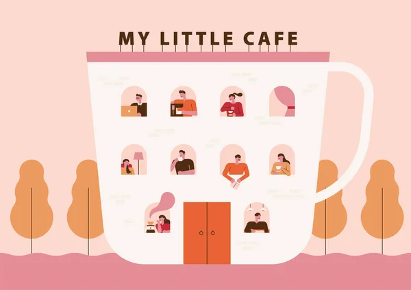 Kahve şeklinde şirin bir kafe. Pencereden çeşitli misafirler görülebilir..
