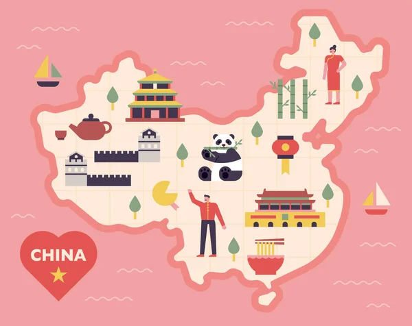 Icônes Symbole Chinois Sont Placés Sur Carte Chinoise Mignon — Image vectorielle