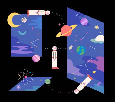 Uzayın çeşitli boyutları ve o boyutta hareket eden astronotlar. düz tasarım biçimi asgari vektör çizimi.