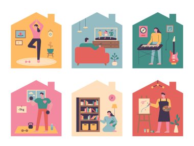 People who have various hobbies in their homes. flat design style minimal vector illustration. clipart